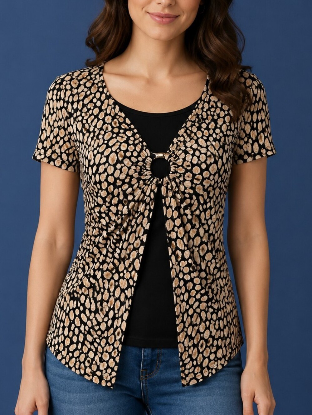 3/$30 Brittany Crinkle Foil Disco Coin Polka Dot Cinched Fitted 2fer Blouse